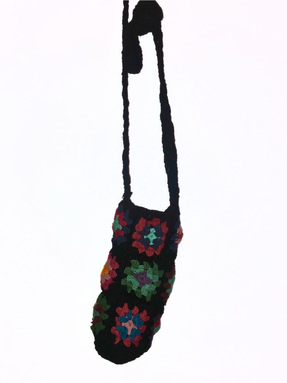 Black Crochet Crossbody Water Bag with Multicolor Floral Squares